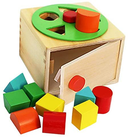 Wooden Shape Sorter - Sorting Box with Latch Lock - Rotating Wheel -Screw- and Shape Blocks